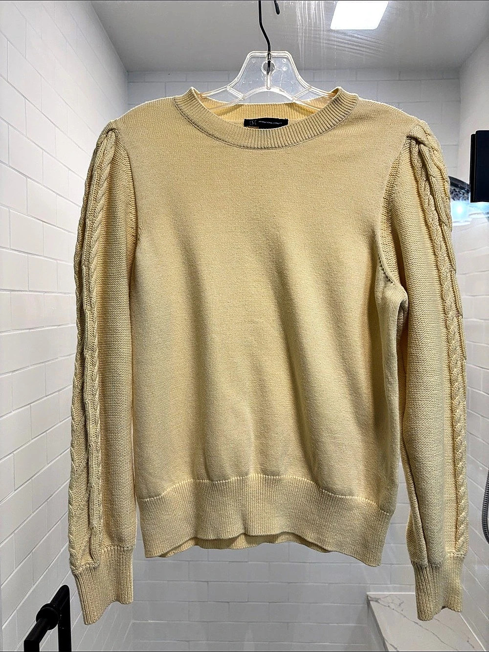 INC International Concepts Crew Neck Cable Sleeve Sweater in Yellow Medium